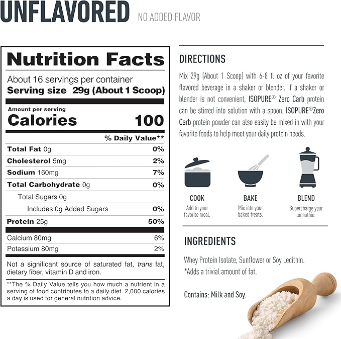 Isopure Zero Carb 100% Pure Whey Isolate Protein Powder, Lactose Free, Gluten Free, with Vitamins, Unflavored, 25g Protein Per Serving, 1 Lb, 16 Servings (Packaging May Vary)