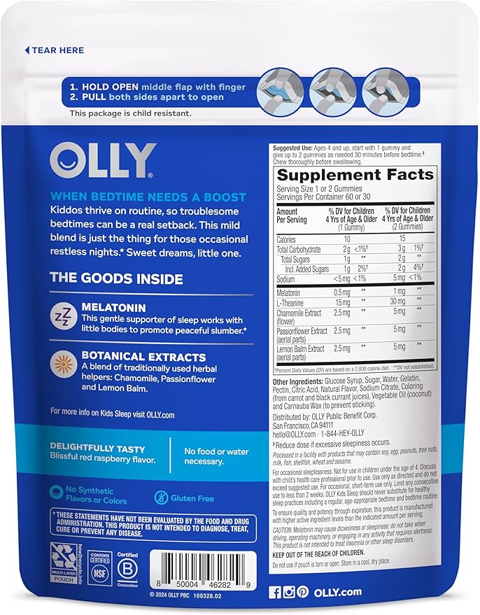 OLLY Kids Sleep Gummy, 0.5mg Melatonin, L Theanine, Chamomile, and Lemon Balm, Childrens Chewable Supplement, Occasional Sleep Support, Raspberry - 60 Count