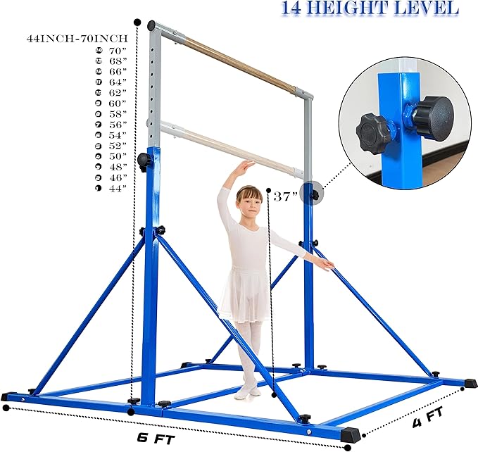 Gymnastic Bar for Kid and Teenage Ages 3-25, 5 FT / 6 FT Base Length, 5 FT / 6 FT Height, Gymnastic Kip Bar Horizontal Bar for Gymnast, Gymnastic Training Equipment for Home and Club Use