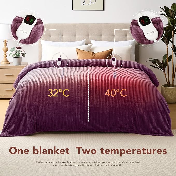 Homemate Electric Heated Blanket King Size - 100"x90" Heating Blanket King Size Dual Control 1/2/4/6/8 Hours Auto-Off 10 Heat Level Over-Heat Protection Soft Flannel Sherpa ETL Certification