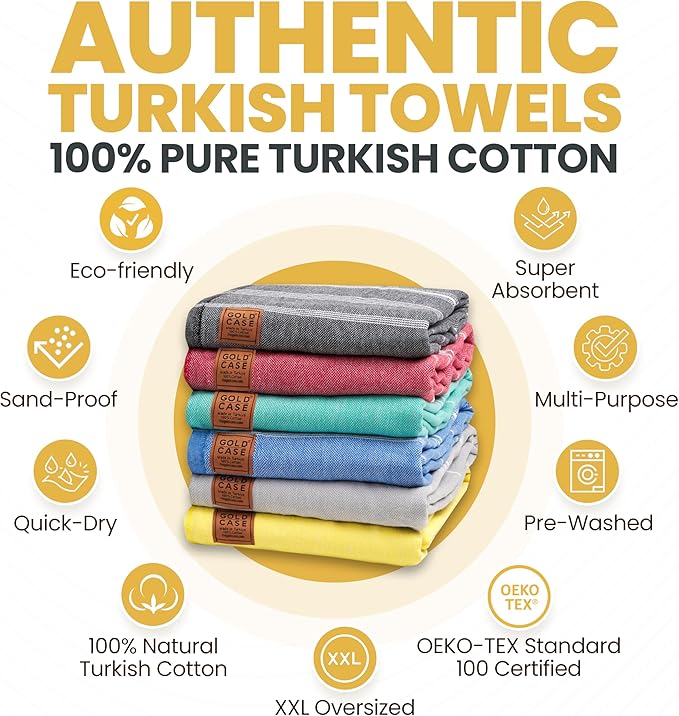 Gold CASE LYCIA Turkish Beach Towel Set of 6 – 100% Cotton Turkish Beach Towels Bulk 70 x 38'' – LYCIA Oversized, Quick Dry & Sand Free Beach Towel – Lightweight Towels Set in Multi Color Tones