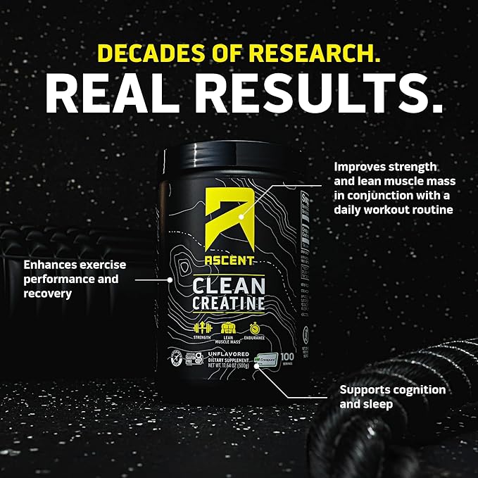 Ascent Clean Creatine Monohydrate Powder - 5G Per Serving, Creapure Creatine Supplement - Unflavored, 100 Servings