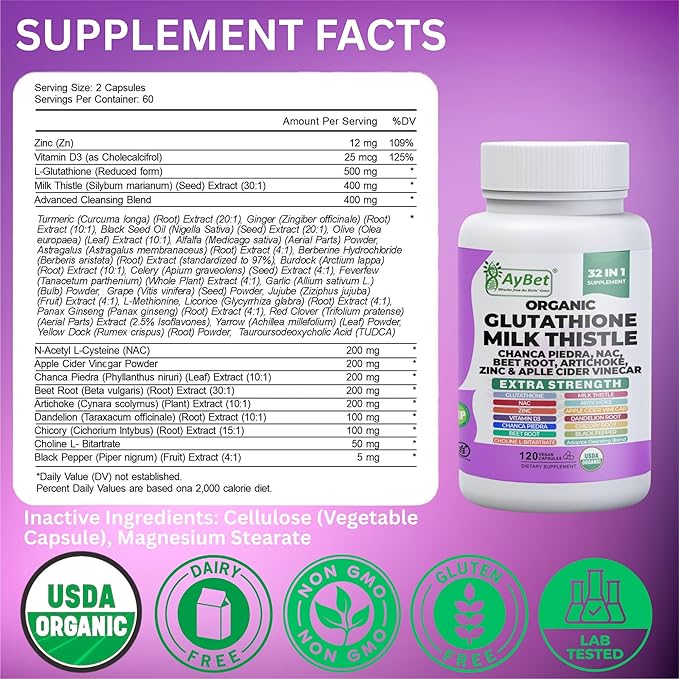 Glutathione NAC Milk Thistle Supplement | Liver Health Support | 32-in-1 Herbal Antioxidant Formula with Chanca Piedra, Turmeric, Dandelion Root, Beet Root & Zinc | Halal Vegan Organic Daily Wellness