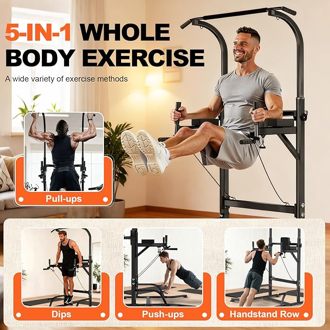 Pull Up Bar and Dip Station Power Tower, Adjustable Height Strength Training Equipment for Home Gym, Multi-Function Workout Machine