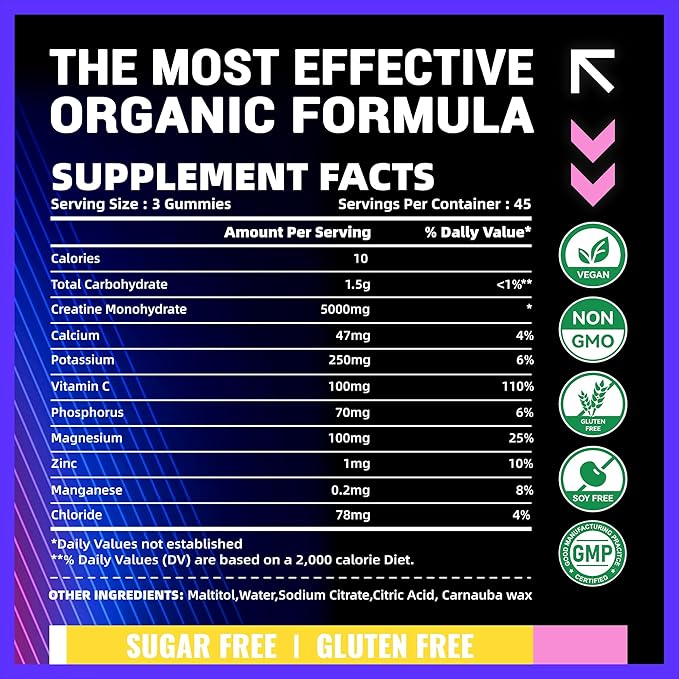Creatine Monohydrate Gummies (5g) – Pre-Workout Energy & Muscle Growth Support for Men & Women | Grape Mango Electrolyte Gummies (135 Count)