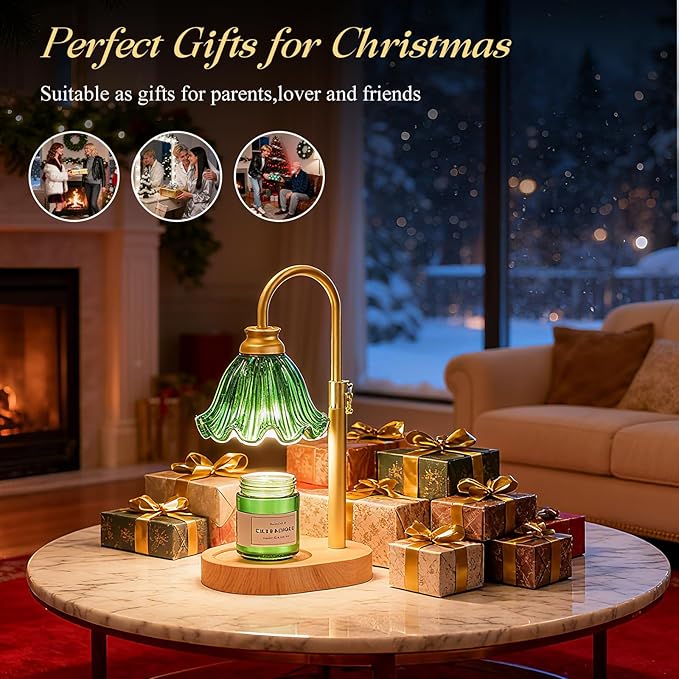 Candle Warmer Lamp with Adjustable Height - Flameless 4-Level Dimmable Wax Warmer with Colorful Glass Shade & Wooden Base, Timer Function & Stylish Design in Multiple Colors (Green)