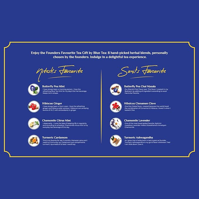 BLUE TEA - Founder’s Favourite Assorted Gift Set | 8 Varieties, 40 Count - Pyramid Plant Based Tea Bag | Caffeine Free - Herbal Tea Sampler | Tea Variety Pack | Gifts for Him and Her