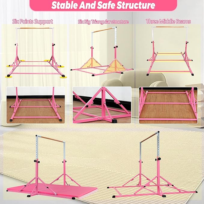 Gymnastic Bar for Kid and Teenage Ages 3-25, 5 FT / 6 FT Base Length, 5 FT / 6 FT Height, Gymnastic Kip Bar Horizontal Bar for Gymnast, Gymnastic Training Equipment for Home and Club Use