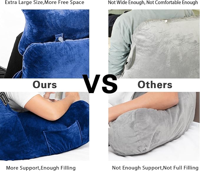 SLIGUY Reading Pillow for Sitting in Bed Couch Adult, Back Pillow with arm Support and Pockets, Adult Back Pillow Bed Chair for Bed Rest, Reading, Watching TV, Gaming for Boys and Girls Blue