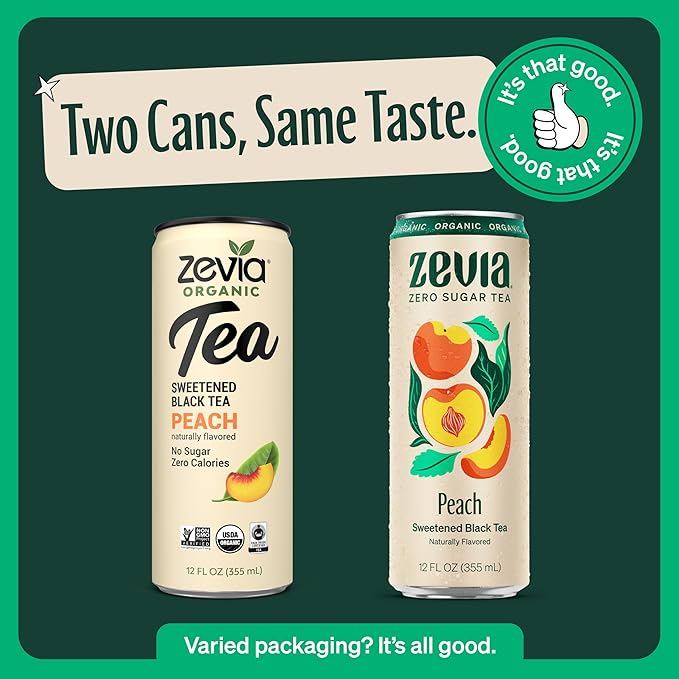 Zevia Zero Sugar Tea, Black Tea with Peach, 12 oz Cans (12-Pack) – Naturally Sweetened, Zero Calorie Sugar Free - Non-GMO Project Verified, Gluten-Free, Vegan