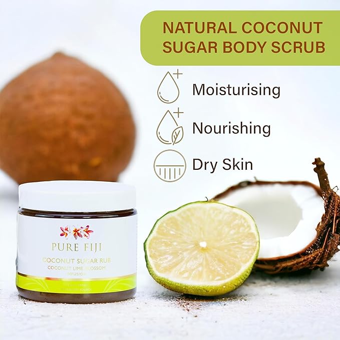 Pure Fiji Coconut Sugar Body Scrub - Body Exfoliator Scrub Natural Origin for Smooths and Softens Skin - Organic Exfoliating Sugar Scrub for Body, Coconut Lime Blossom, 15.5 Oz