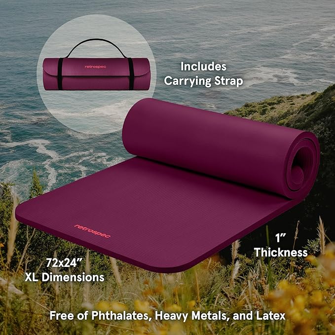 Retrospec Solana Yoga Mat 1" Thick With Nylon Strap For Men & Women - Non Slip Exercise Mat For Home Yoga, Pilates, Stretching, Floor & Fitness Workouts