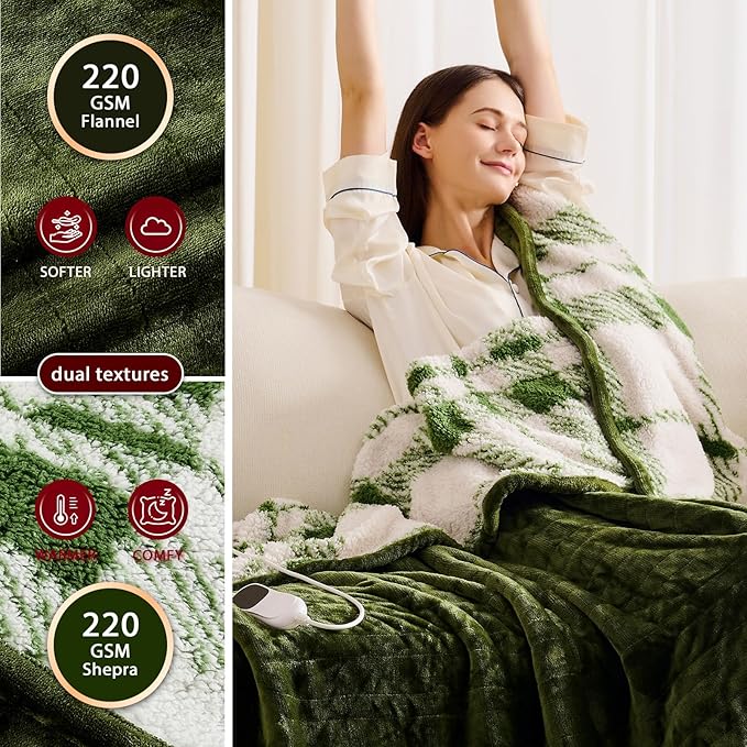 Heated Electric Blanket Twin Size - 62"x84" Flannel Heating Blanket with 10 Heating Levels & 5 Time Settings Over-Heat Protection, Winter Warmer for Adults with ETL Certification(Green)