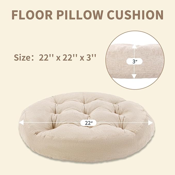 Meditation Floor Pillow, Round Floor Cushions for Adults, Button Tufted Seat Cushions for Yoga Tatami Living Room, Beige, 22 x 22 x 4 in