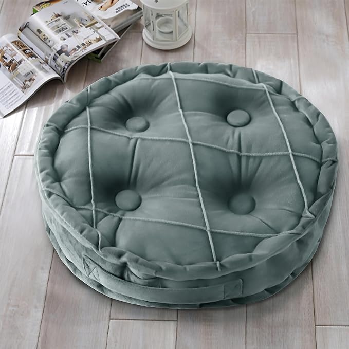 Round Velvet Meditation Cushion Pouf, Soft Tufted Floor Pillow for Living Room and Bedroom, 17.8 inch, Gray