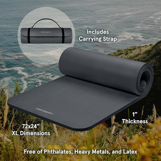 Retrospec Solana Yoga Mat 1" Thick With Nylon Strap For Men & Women - Non Slip Exercise Mat For Home Yoga, Pilates, Stretching, Floor & Fitness Workouts