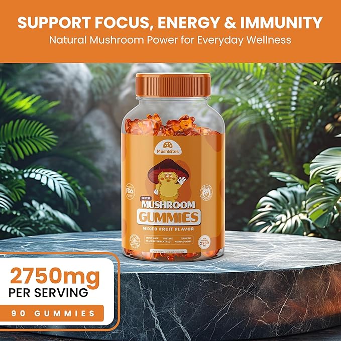 Organic Lions Mane Mushroom Gummies – Delicious Mixed Fruits Flavor Lion's Mane Gummy – 10 Mushroom Superfood Blend – Supports Focus, & Clarity, Vegan 90 Ashwagandha Gummies
