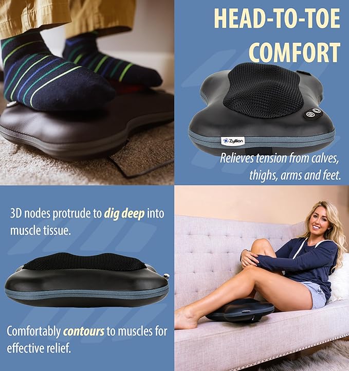 Zyllion Shiatsu Back and Neck Massager with Heat - 3D Electric Kneading Deep Tissue Massage Pillow with 2 Speeds for Muscle Pain Relief, Black, ZMA-34