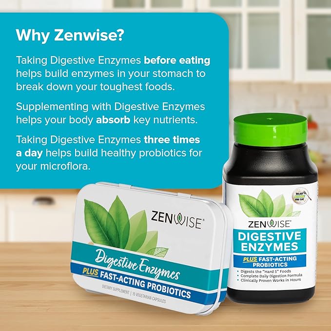 Zenwise Health Digestive Enzymes for Gut Health & Bloating Relief - Multi Enzymes Digestion Supplement with Probiotics, Bromelain & Papaya for Digestive Health Support - Men & Women - 60 Count