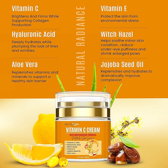 Organic Vitamin C Cream for Face - Deep Hydration Vitamin C Face Moisturizer with Hyaluronic Acid and Vitamins C & E - Anti-Aging Formula to Reduce Wrinkles and Fine Lines - 1.7 Fl Oz