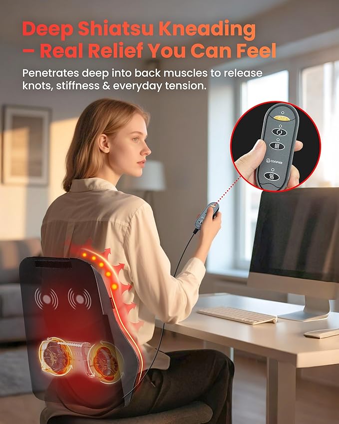 COMFIER Back Massager with Heat, Deep Tissue Shiatsu Neck and Back Massager for Pain Relief, Chair Use Massager Pillow with Adjustable Flap, Ideal Gift for Women Men
