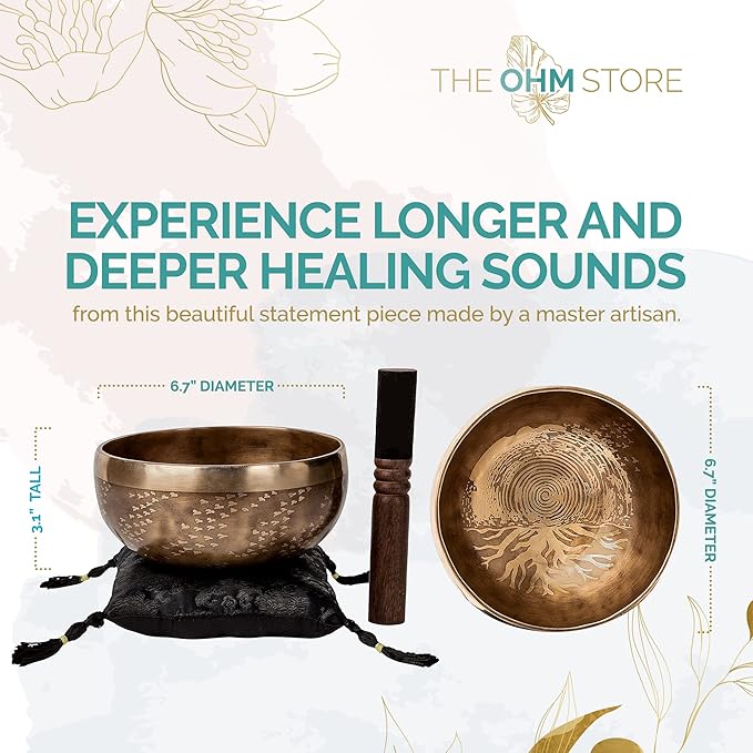 Ancient Design Large Tibetan Singing Bowl Set by Ohm Store — Relaxing Meditation Sound Bowl and Wooden Mallet Handcrafted in Nepal — Tree of Life Singing Bowl 6.7 Inch
