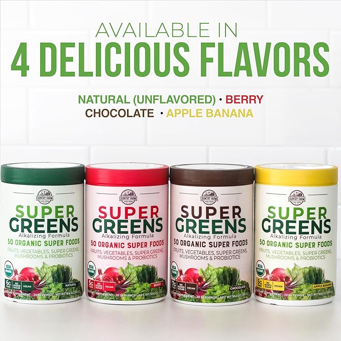 Country Farms Organic Super Greens Natural Flavor, 50 Organic Super Foods, Packed with Fiber, USDA Organic Drink Mix, Fruits, Vegetables, Mushrooms & Probiotics, Supports Energy, 6g Fiber