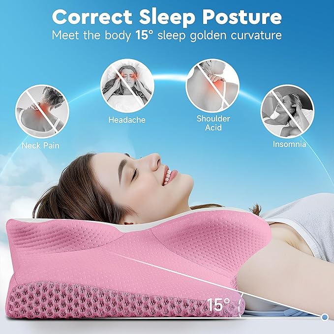 Cervical Neck Pillow, Memory Foam Neck Support Pillows for Sleeping, Shoulder Pillow for Side Sleepers, Back Stomach Sleepers, CertiPUR-US Certified, King Size, Pink