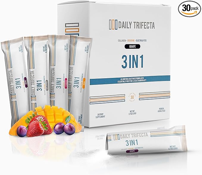 Daily Trifecta 3-in-1 Collagen, Creatine & Electrolyte Stick Packs | Type I Collagen, Creatine Monohydrate, Zero Sugar | 30 Natural Single-Serve Packets | Strength, Hydration & Recovery (Mango)