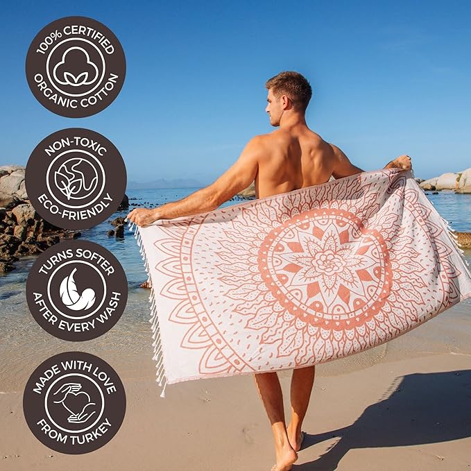FESHKA Sand Proof Turkish Beach Towel – Oversized, Quick Dry & Lightweight Travel Towel - 100% Organic Cotton Beach Blanket - Perfect for Bath, Pool & Picnic | Sunflower (Maroon)