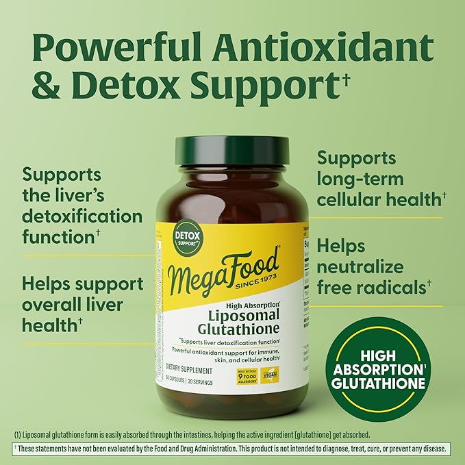 MegaFood High Absorption Liposomal Glutathione Supplement - Liver Detox & Powerful Antioxidant Support for Immune, Skin, Brain, and Cellular Health - Gluten Free, Vegan - 60 Capsules, 30 Servings