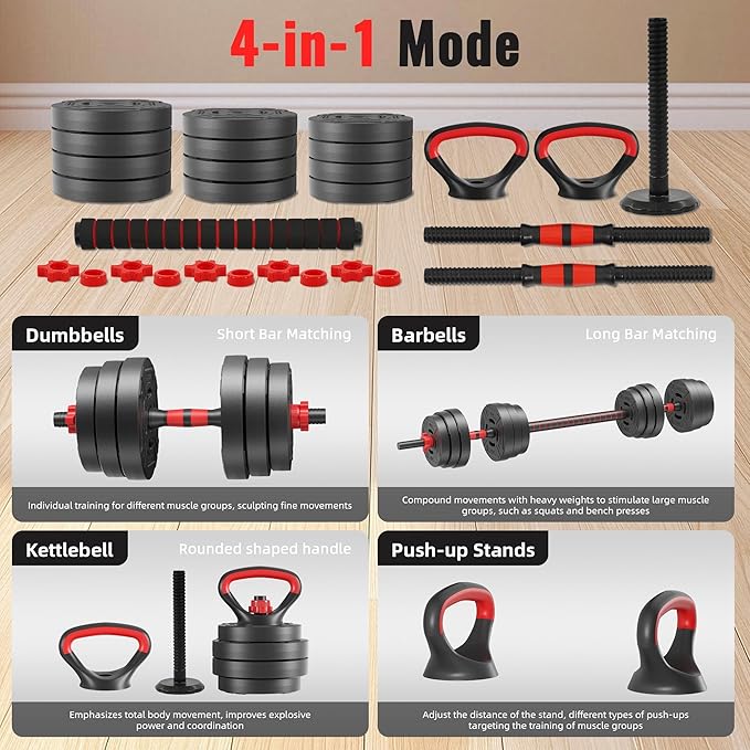 Multi-Functional Portable Changeable Dumbbell and Barbell Kettlebell Set with Adjustable Weights, 40LBS or 60LBS Sets, 2-in-1 or 4-in1, Multiple Sizes