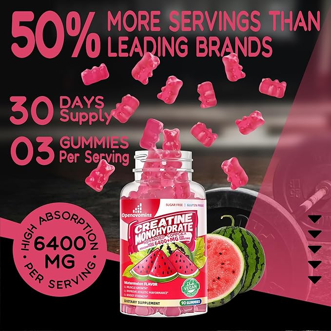 Creatine Monohydrate Gummies Complex for Men & Women -Advanced Formula W/L-Taurine + Vitamin B12, Sugar Free Chewable Supplement,90 Watermelon Gummies