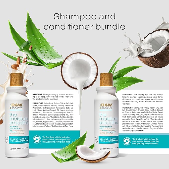 Raw Sugar Moisture Smoothie Shampoo and Conditioner with Coconut Oil, Agave, & Sweet Almond Milk, Hydrates & Nourishes Dry Hair, Formulated without Sulfates + Parabens