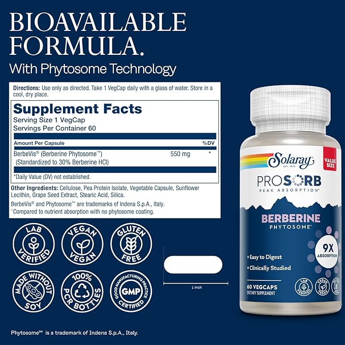 SOLARAY Berberine Phytosome - 9X Absorption and Easy-to-Digest - Standardized to 30% Berberine HCl - Vegan, Made Without Soy - 60-Day Guarantee - 60 Servings, 60 VegCaps