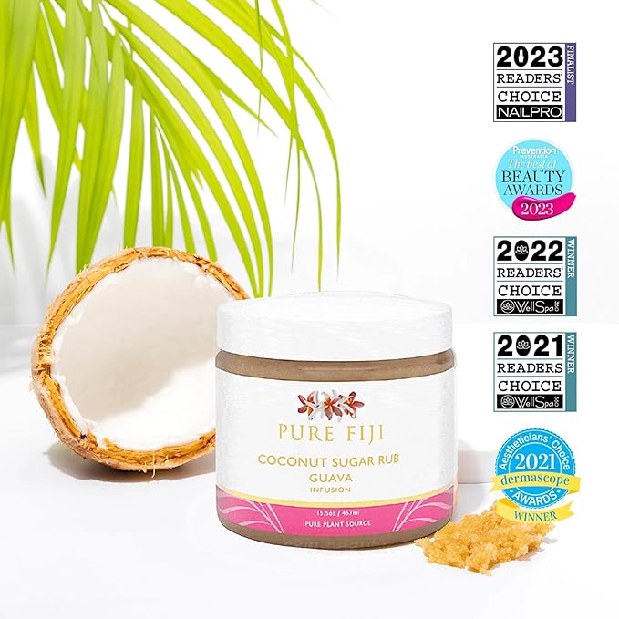 Pure Fiji Coconut Sugar Body Scrub - Body Exfoliator Scrub Natural Origin for Smooths and Softens Skin - Organic Exfoliating Sugar Scrub for Body, Guava, 15.5 Oz