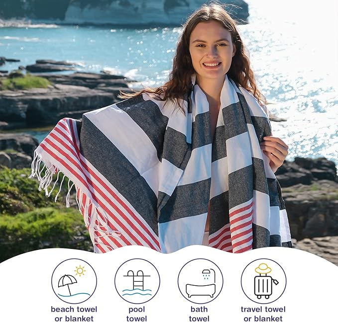 Oversized Turkish Beach Towel 38’’x71’’ - Set of 2 | 100% Turkish Cotton Lightweight Sand Free Quick Dry Pool Towels | Extra Large Bath Towels for Adults Beach Blanket Essentials