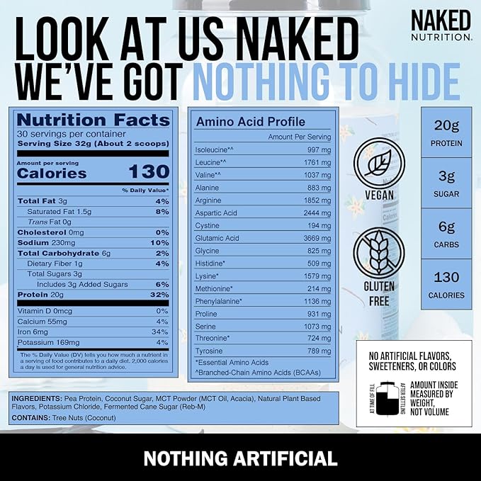 Naked Shake - Vanilla Protein Powder - Plant Based Protein Shake with Mct Oil, Gluten-Free, Soy-Free, No Gmos Or Artificial Sweeteners - 30 Servings