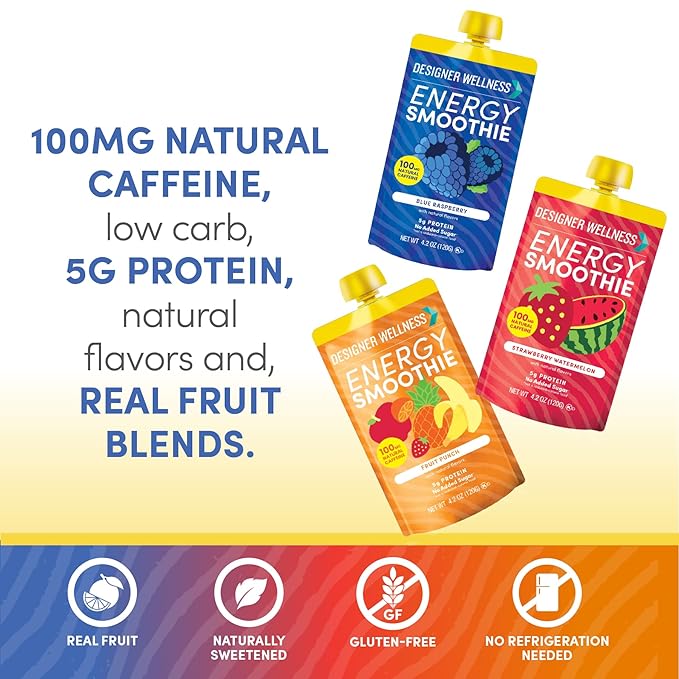 Designer Wellness Energy Smoothie, Real Fruit, 100mg Natural Caffeine, 5g Protein, Low Carb, Zero Added Sugar, Gluten-Free, Variety Pack, 12 Count