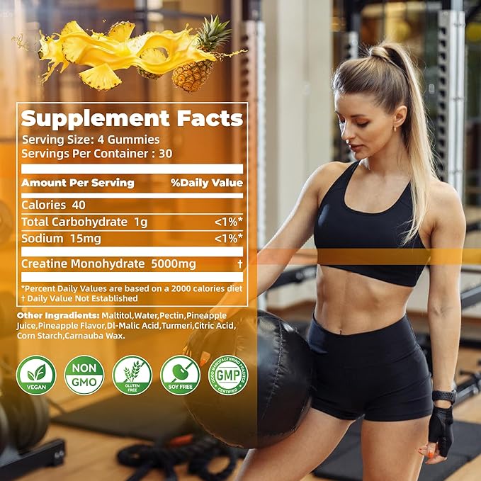 Nutravita Creatine Monohydrate Gummies for Men & Women-5g of Creatine Monohydrate per Serving - Sugar Free,Vegan,Pineapple Flavor, 120 Count
