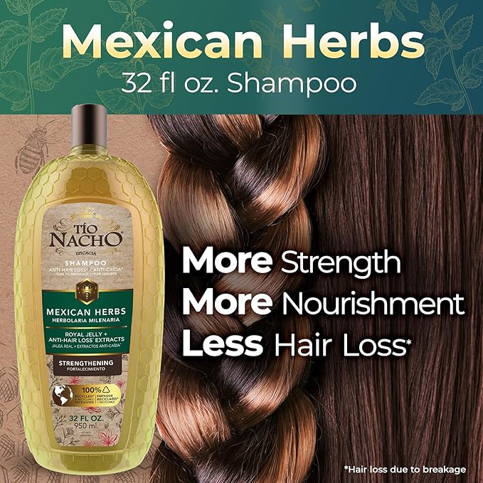 Tio Nacho Mexican Herbs Shampoo, Strengthening Hair Care with Royal Jelly, Ginseng, Wheat, and Jojoba Oil, Honey Scented, 32 fl oz (Pack of 2),
