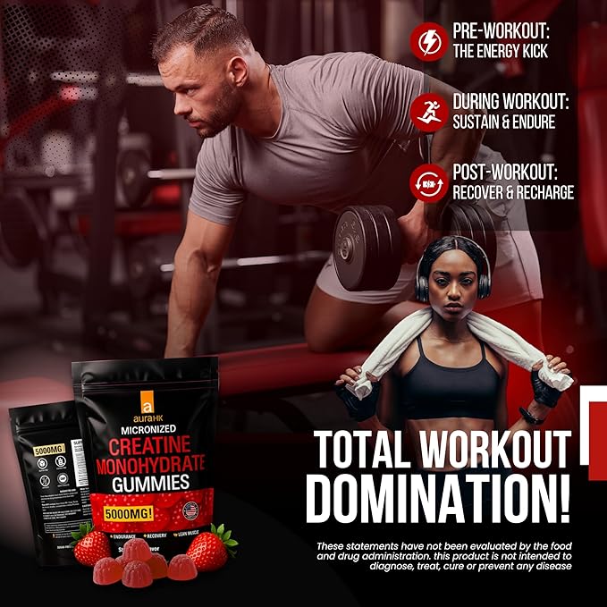 Creatine Monohydrate Gummies 5000mg- 120 Count Sugar Free for Men & Women - Strawberry Flavor Vegan Creatine Supplement for Muscle Strength, Energy, Endurance & Workout Gummies