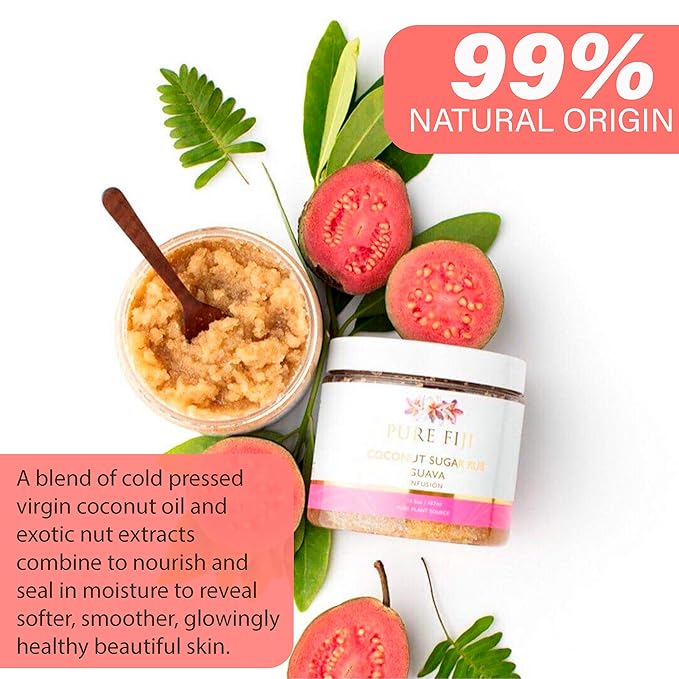 Pure Fiji Coconut Sugar Body Scrub - Body Exfoliator Scrub Natural Origin for Smooths and Softens Skin - Organic Exfoliating Sugar Scrub for Body, Guava, 15.5 Oz