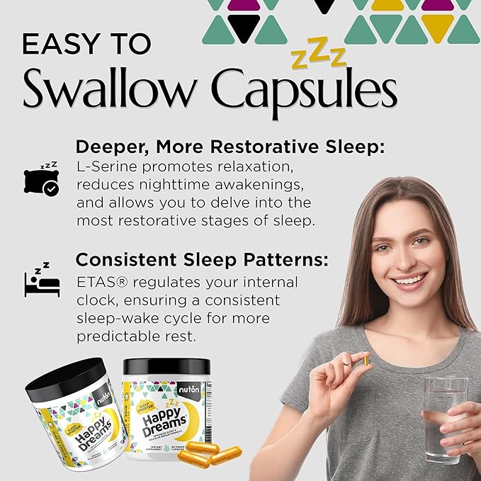 Nuton Happy Dreams Natural Sleep Aid Supplement & Cellular Vitality - Melatonin Sleep Aid for Adults, Time Release Formula with ETAS Asparagus, L-Serine and Venetron Extract, 60 Veggie Capsules