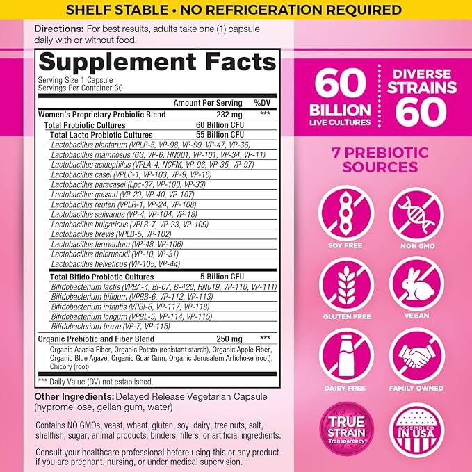 Vital Planet - Vital Flora Probiotics for Women 60 Billion CFU, Diverse Strains, Daily Shelf Stable Probiotic with Organic Prebiotics, for Vaginal Support, Immune and Digestive Health 30 Capsules