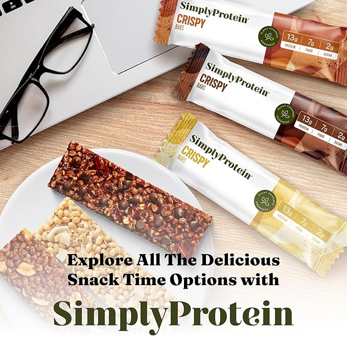 Simply Protein - Crispy Bars Variety Pack, 3 Flavors - Plant Based Protein Bars, Protein Snacks - 13g Protein, 2g Sugar, 7g Fiber - Vegan, Gluten Free, Non GMO, Kosher - 15 Bars, 1 Box