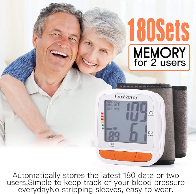 LotFancy Wrist Blood Pressure Monitor, Adjustable Cuff (4.9”-8.1”), 2 Users, 180 Reading Memory, Automatic Digital BP Monitor with Irregular Heartbeat Detector