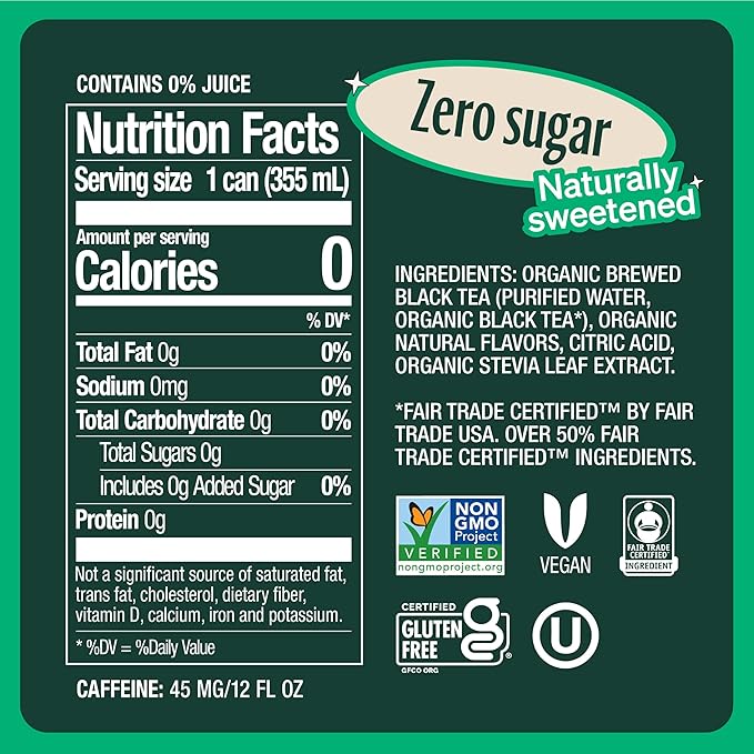 Zevia Zero Sugar Tea, Black Tea with Raspberry, 12 oz Cans (12-Pack) – Naturally Sweetened, Zero Calorie Sugar Free - Non-GMO Project Verified, Gluten-Free, Vegan