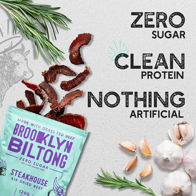 Brooklyn Biltong Air Dried Grass Fed Beef Snack, South African Beef Jerky (8 oz, Pack of 2) - Whole30 Approved, Paleo, Keto, Gluten Free, Sugar Free, Made in USA - (Steakhouse)