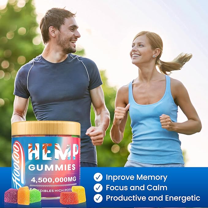 HOOLOO Hemp Gummies Extra Strength for Adults - 6 Fruity Flavors Infused Vitamins, Omega 3, Chewable Gummy for Deep Bedtimes, Focus, Unwind, Pack of 4, Made in USA
